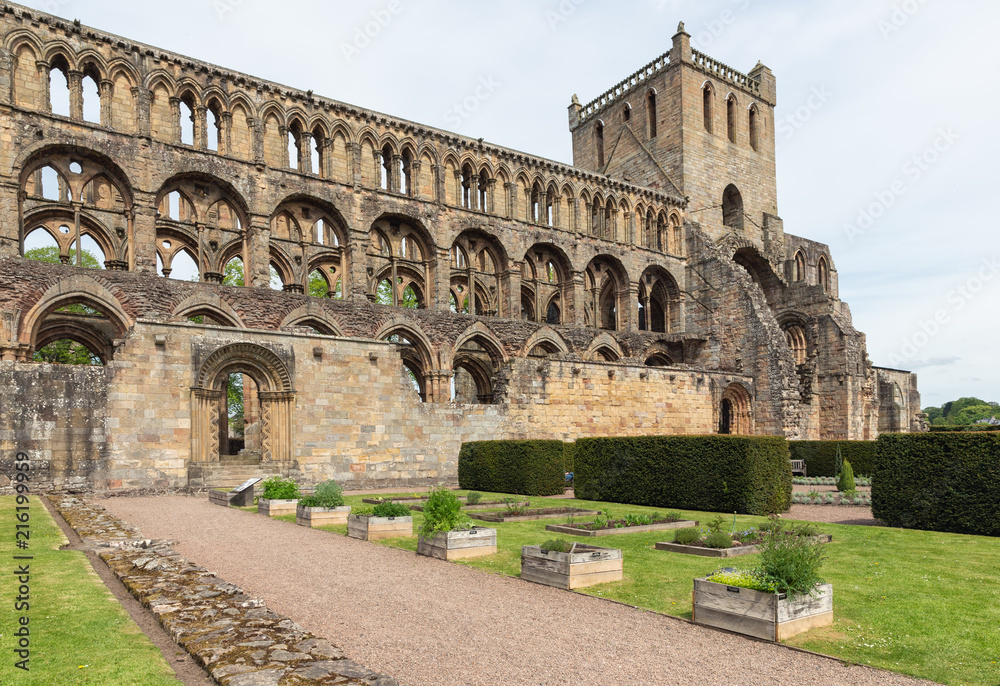 View at wall and ruins of Jedburgh abbey in Scottish borders