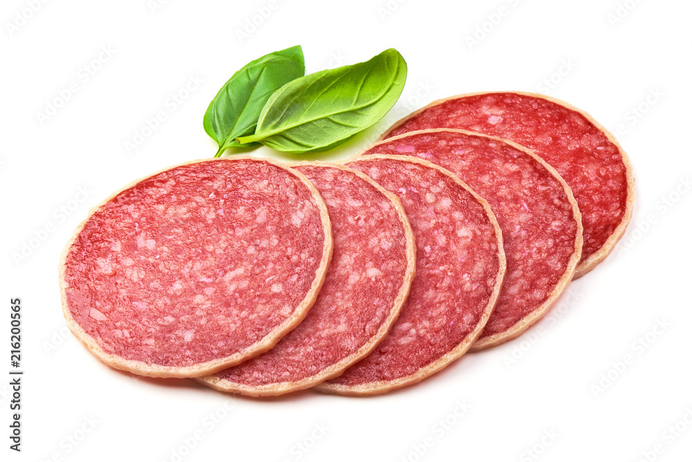 Salami with basil leaf. Smoked sausage thinly sliced, isolated on white background. Salami with basil leaf. Smoked sausage thinly sliced, isolated on white background.