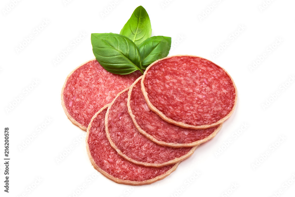 Salami with basil leaf. Smoked sausage thinly sliced, isolated on white background. Salami with basil leaf. Smoked sausage thinly sliced, isolated on white background.