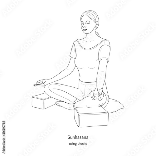 Sukhasana or Easy Pose with Blocks and a Pillow. Yoga Practice. Vector. 