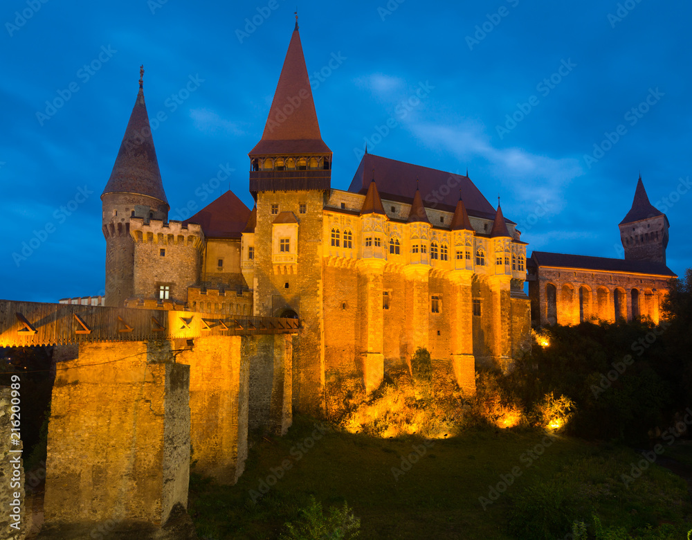 Corvin Castle is on the green mountain in night