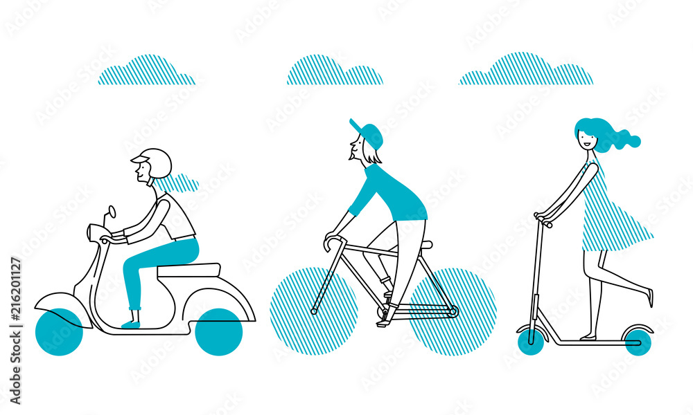 Fototapeta premium People_figure4/People on the street. Vector set of characters. A girl rides a scooter. A man rides a bicycle.