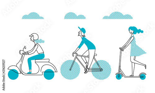People_figure4/People on the street. Vector set of characters. A girl rides a scooter. A man rides a bicycle. 