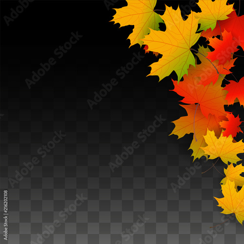 September Vector Background with Golden Falling Leaves. Autumn Illustration with Maple Red, Orange, Yellow Foliage. Isolated Leaf on Transparent Background. Bright Swirl. Suitable for Posters.