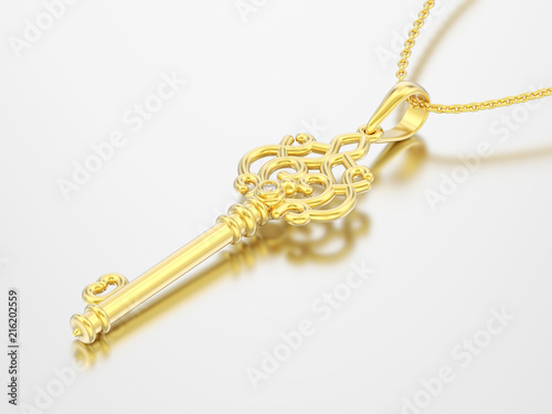 3D illustration yellow gold decorative key necklace on chain with diamond