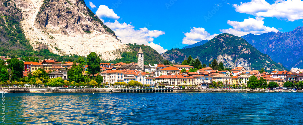 Fototapeta premium High Resolution Panorama of Baveno Lakefront with Luxury Hotels and Borromean Gulf on Lake Maggiore in Piedmont Italian Alps