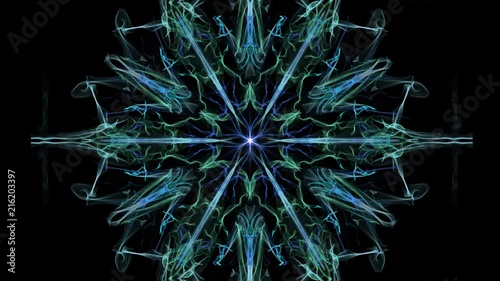 Green and blue fractal hexagonal ornament on black background. Abstract fantasy patterns in loop motion, tunnel effect, 4k video