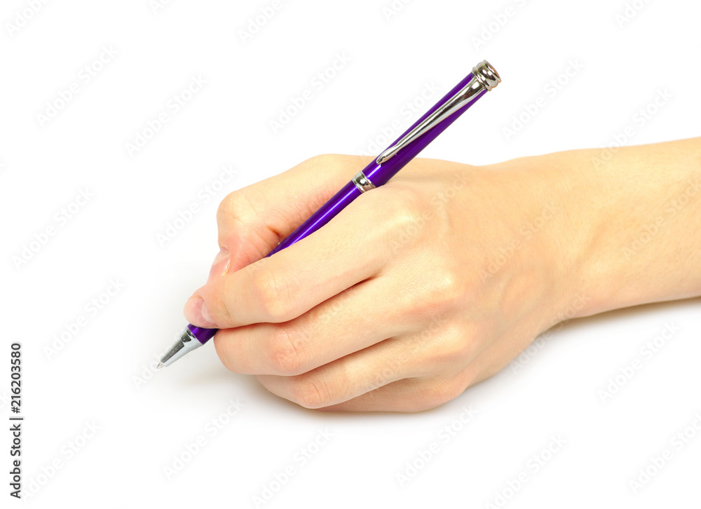 hand of a female holding a pen isolated on white background. hand of a female holding a pen isolated on white background.