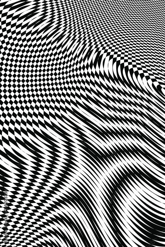 Abstract Black and White Geometric Pattern with Waves. Striped Structural Checkered Texture.