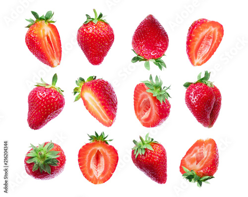 Set of fresh strawberries isolated on white background