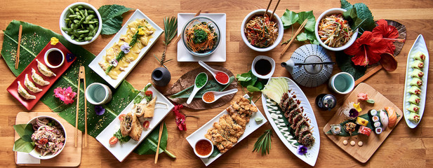 Top angle shot of traditional Japanese food dishes