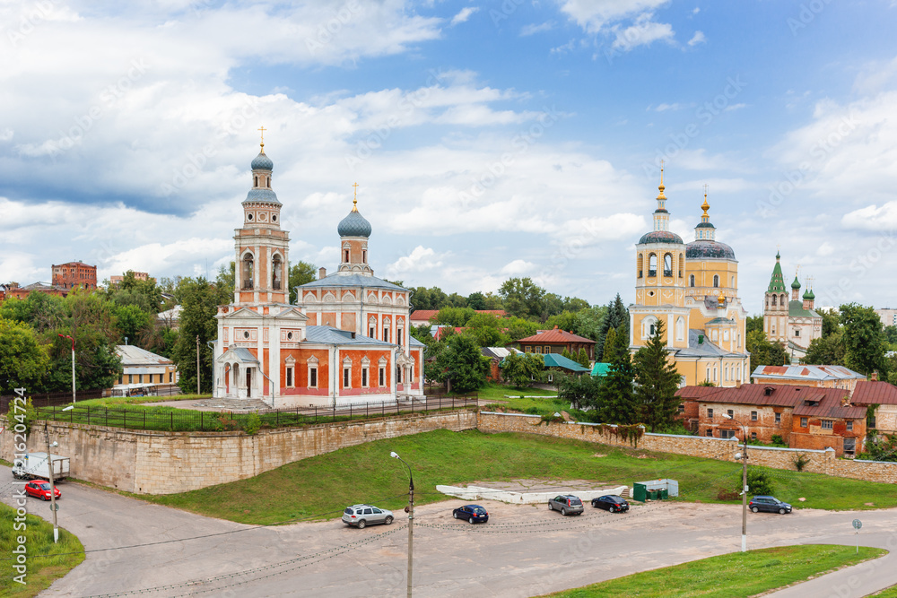 Panorama view on Assumption Church on the Hill and Church Of Elijah The Prophet, medieval orthodox churches in Serpukhov, Moscow region, Russia.