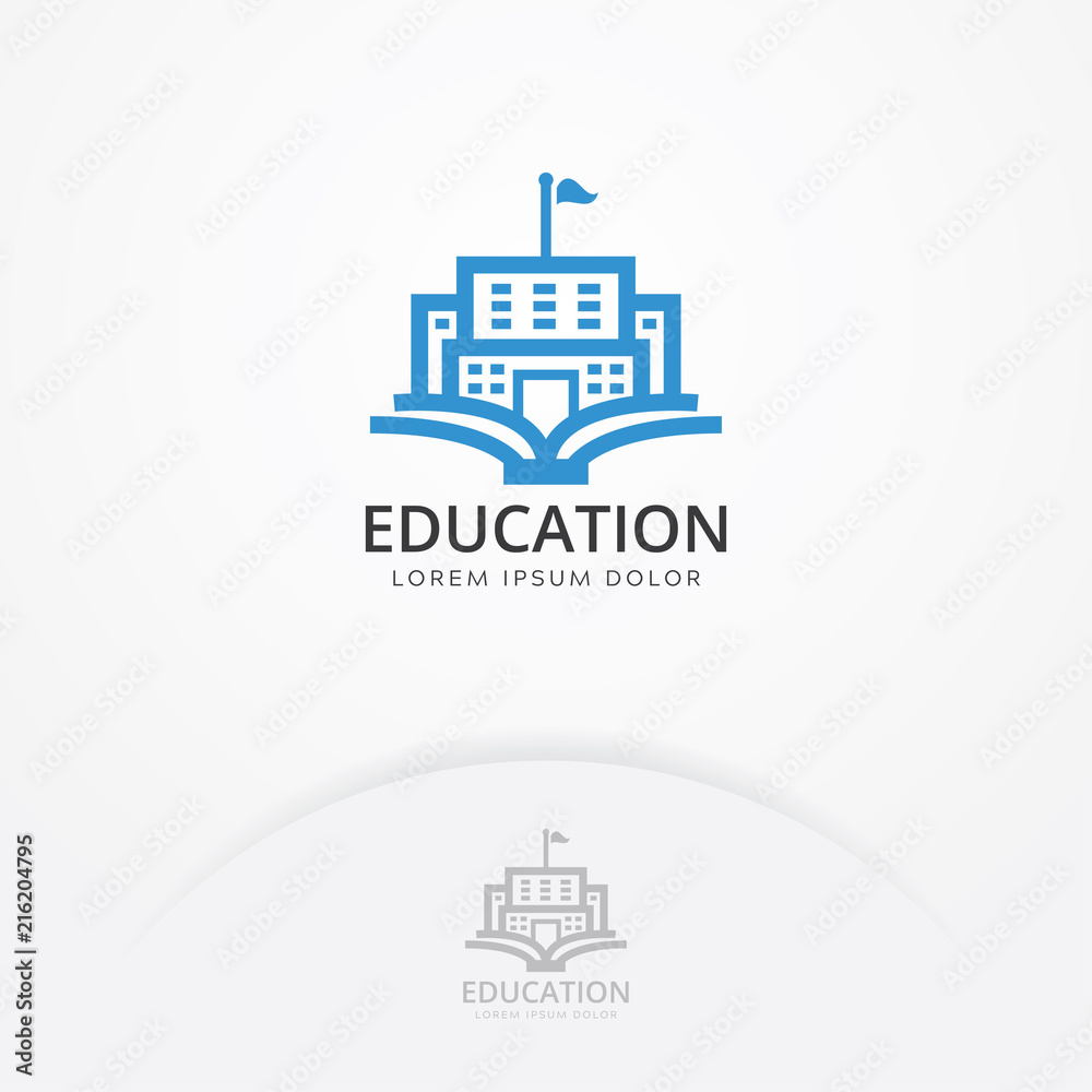 Education building logo. Vector of book and a building, symbol of library and study. Education and University logo template Education building logo. Vector of book and a building, symbol of library and study. Education and University logo template