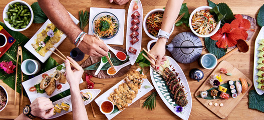 Top angle shot of traditional Japanese food dishes