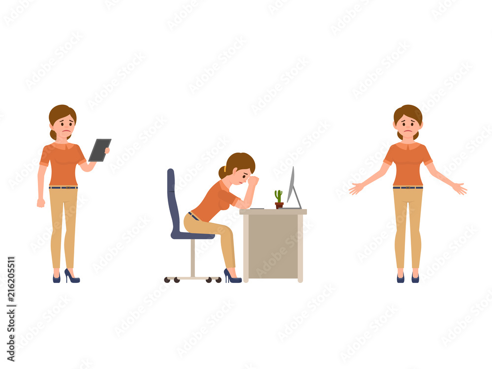 Unhappy businesswoman cartoon character. Upset female clerk at the dest Unhappy businesswoman cartoon character. Upset female clerk at the dest