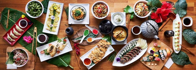 Top angle shot of traditional Japanese food dishes