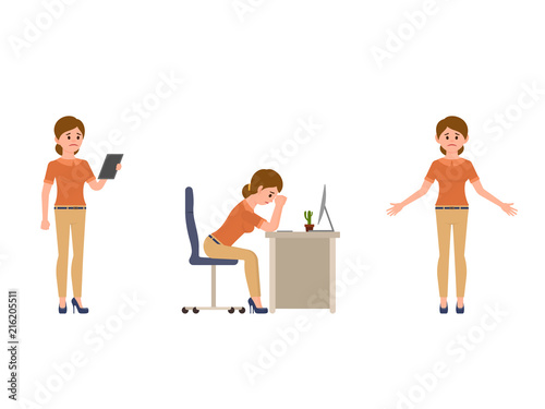 Unhappy businesswoman cartoon character. Upset female clerk at the dest