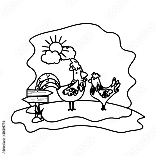 line couple chicken farm animal with wood notices