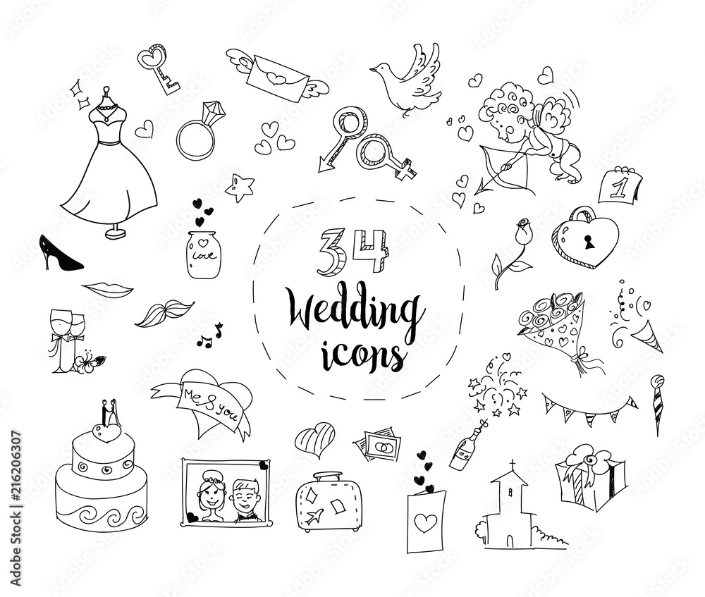 Set of cartoon wedding theme icons