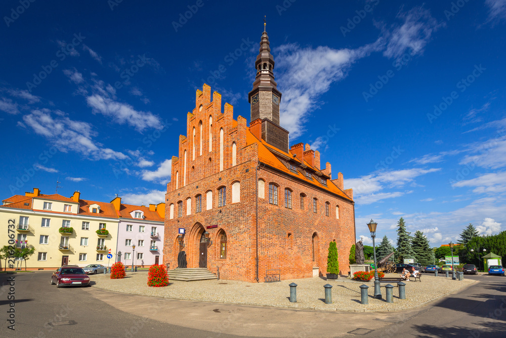 Fototapeta premium Town hall and market square in Morag, Poland