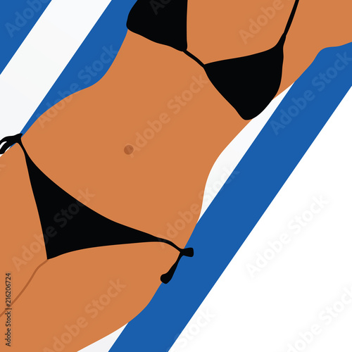 girl on towel in black bikini illustration