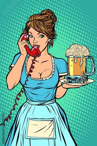 Delivery. Hotel service. Waitress. mug of beer