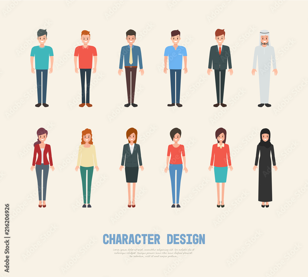 people character design. cartoon flat vector. business man and woman in job.