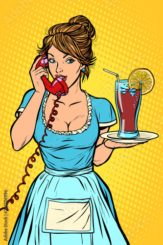 Cola with lemon Delivery. Hotel service. Waitress
