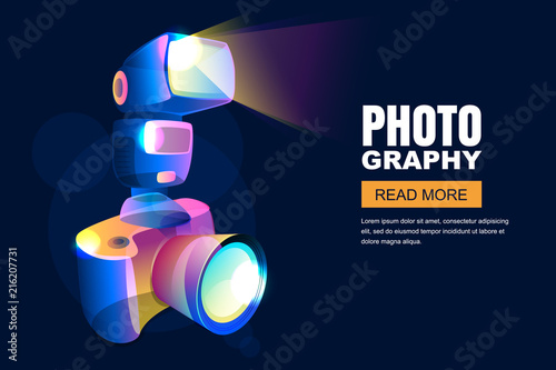 Vector glowing neon 3d style illustration of digital photo camera with flash light. Photo studio or photo goods poster, banner background. Professional photography and equipment concept.