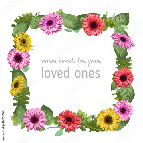 Wedding floral invitation, invite card. Vector watercolor style forest greenery, herbs, eucalyptus, gerbera, chamomile, chamaelaucium, waxflower natural, botanical green decorative frame, border. 