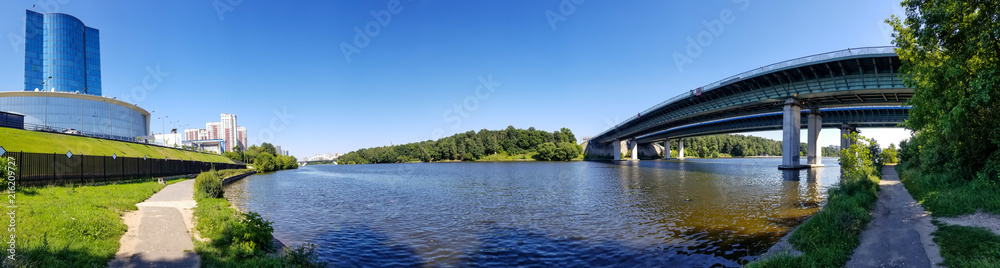 Panoramic view of Moscow Canal in Khimki in summer day