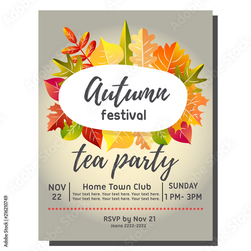 tea party autumn invitation card with half leaves