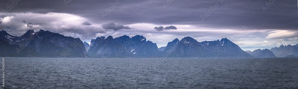 Coastline of the Lofoten Islands from the ferry coming from Bodo, Norway