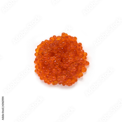 Red salmon caviar, isolated on white, top view