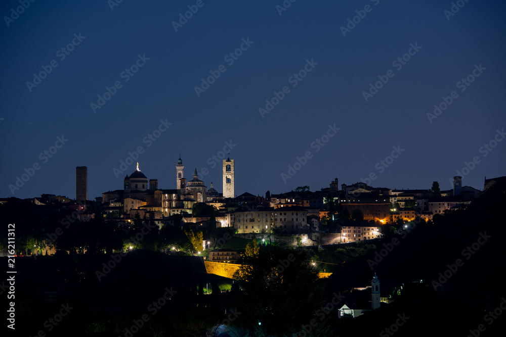 Bergamo skyline at night in the upper city