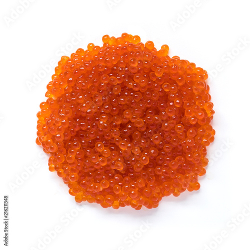 Red salmon caviar, isolated on white, top view
