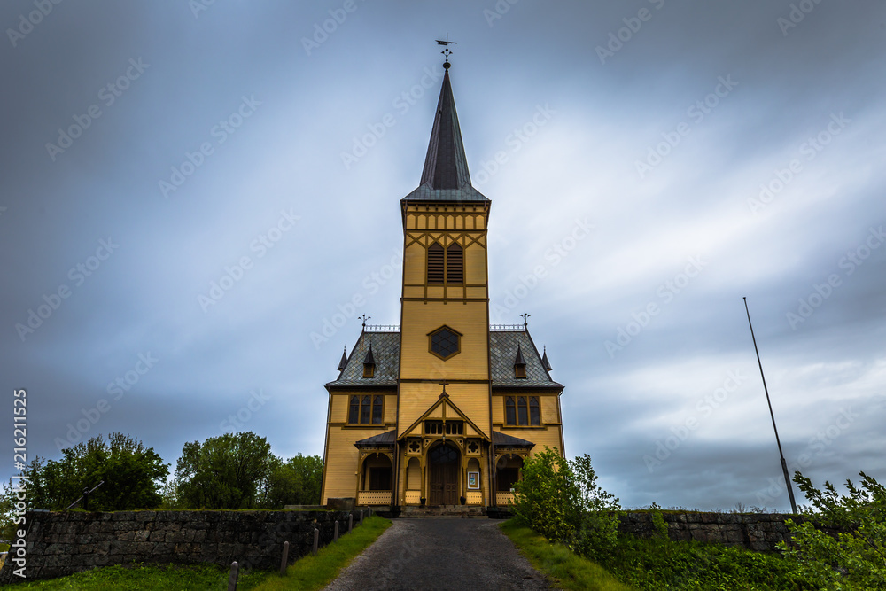Borg - June 15, 2018: The yellow church of Vagan in the Lofoten Islands, Norway