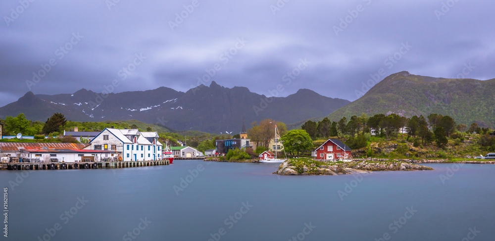 Henningsvaer- June 15, 2018: Colorful houses of a small village in the Lofoten Islands, Norway