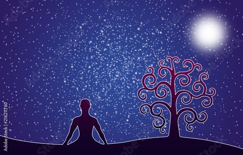 Silhouette of yoga in the lotus position and the tree of life against the background of the night starry sky. The sun or the moon. Artistic background.