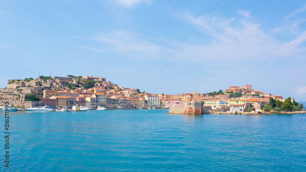 Portoferraio medieval town and harbour viewed from the sea, Elba island, Tuscany, Italy