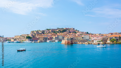 Portoferraio medieval town and harbour viewed from the sea, Elba island, Tuscany, Italy © drimafilm