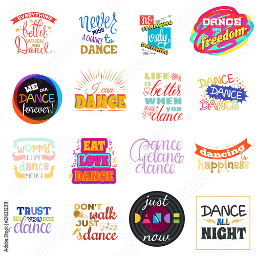 Dance lettering vector dancing sign and dancer typographic print illustration set of inspirations for dance-hall isolated on white background
