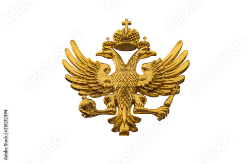 Golden Russian coat of arms isolated on a white background. Coat of arms of Russia is the official state symbol of the Russian Federation and Russian Empire in history.