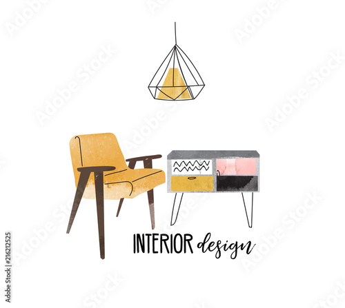 vector interior design hand drawn watercolor illustration. living room furniture sketch.  interior design logo banner.