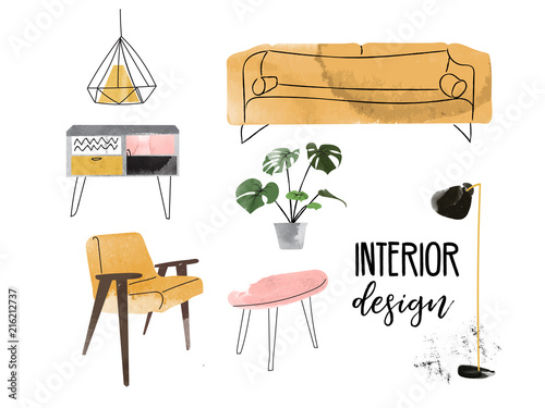 vector interior design hand drawn watercolor illustration. living room furniture sketch.  interior design logo banner.