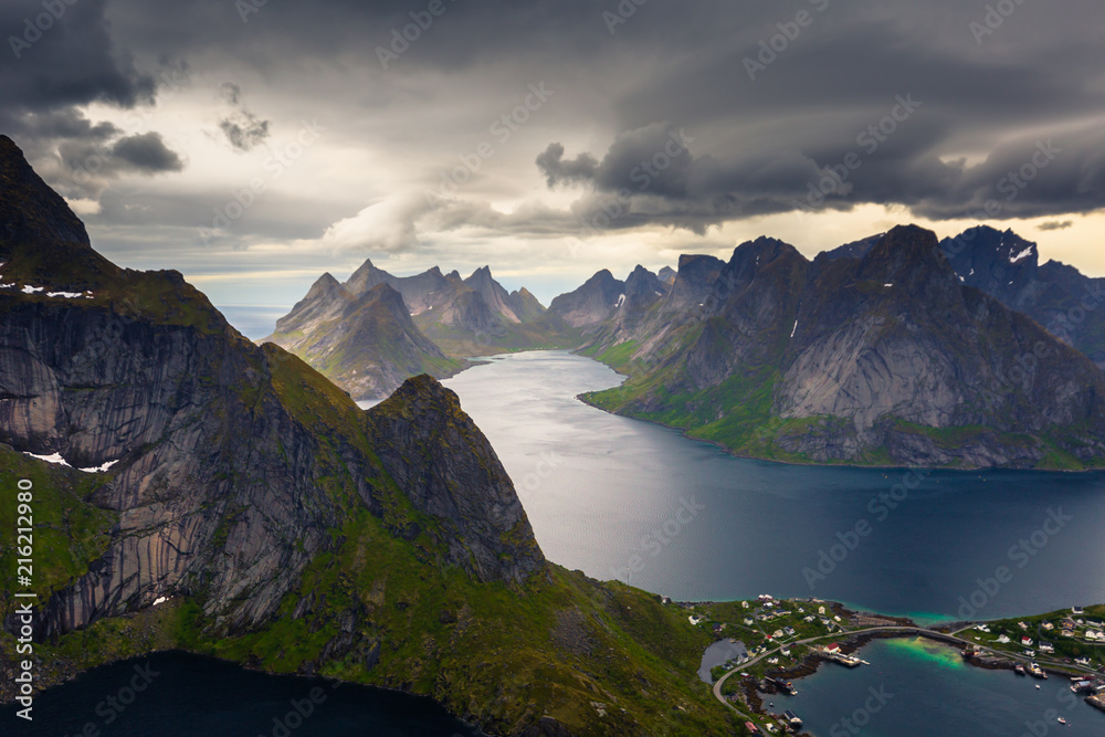 Panoramic view of the fishing town of Reine from the top of the Reinebringen viewpoint in the Lofoten Islands, Norway