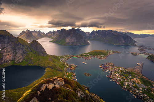 Panoramic view of the fishing town of Reine from the top of the Reinebringen viewpoint in the Lofoten Islands, Norway photo