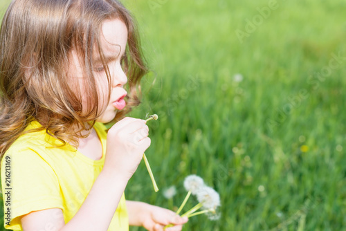 Little curly girl blowing dandelion.