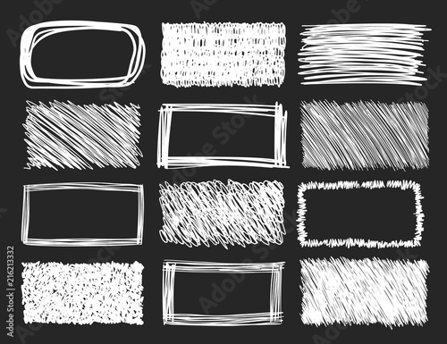 Set of hand drawn scribble frames on a blackboard background, vector design elements collection.