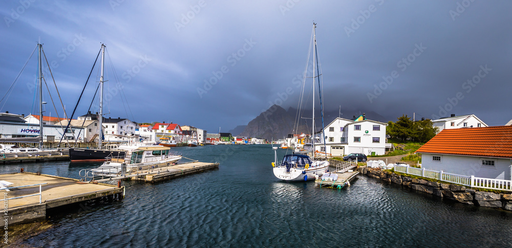Henningsvaer- June 15, 2018: Little harbor in the town of Henningsvaer in the Lofoten Islands, Norway